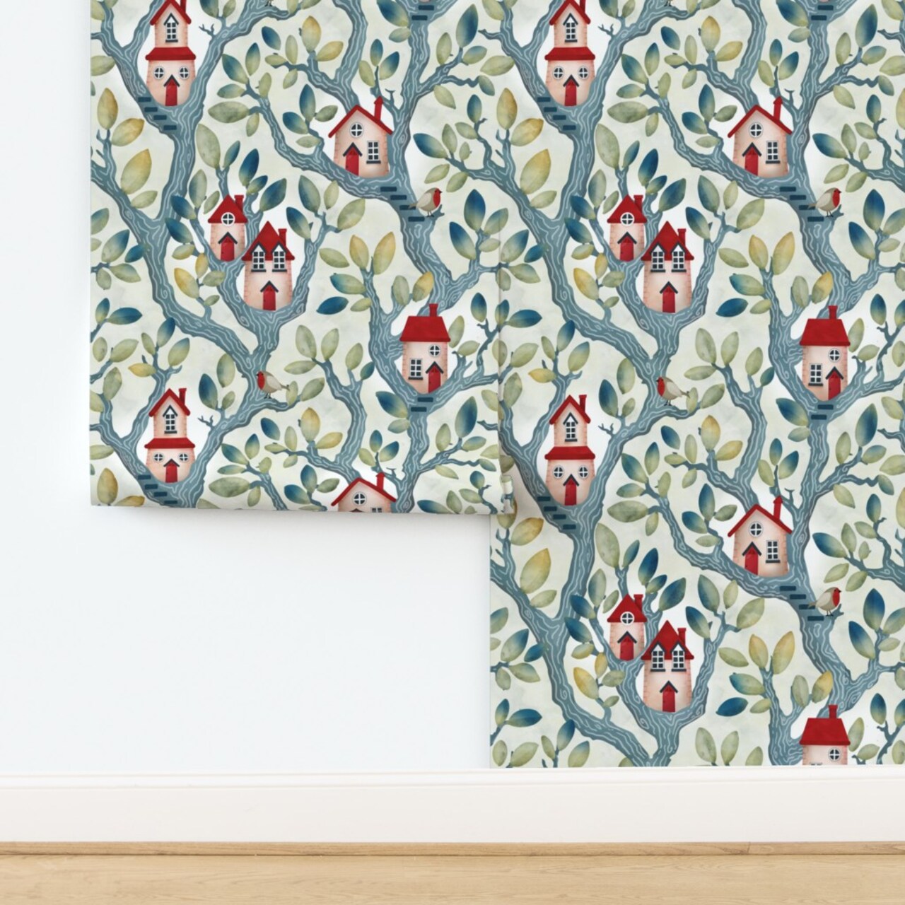 Watercolor Whimsical Trees Houses Forest Woodland Fairy House Treehouse Leaves Nature Cottage Kids Nursery Playroom Playhouse Scandi Custom Pre-pasted Wallpaper by Spoonflower Pre-Pasted Wallpaper 2FT Wide